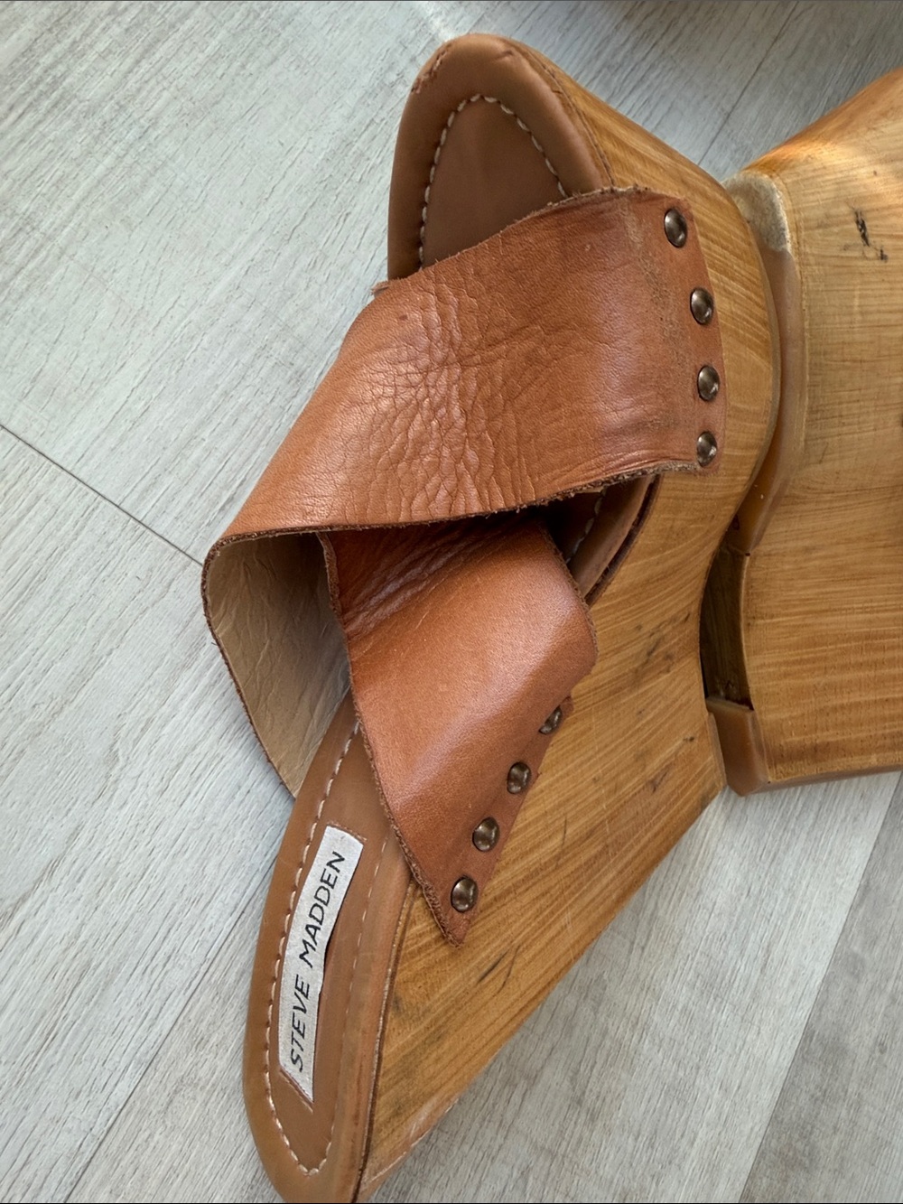Steve Madden Tan Leather Crisscross Wedge Sandals with Studs - Picture 14 of 14